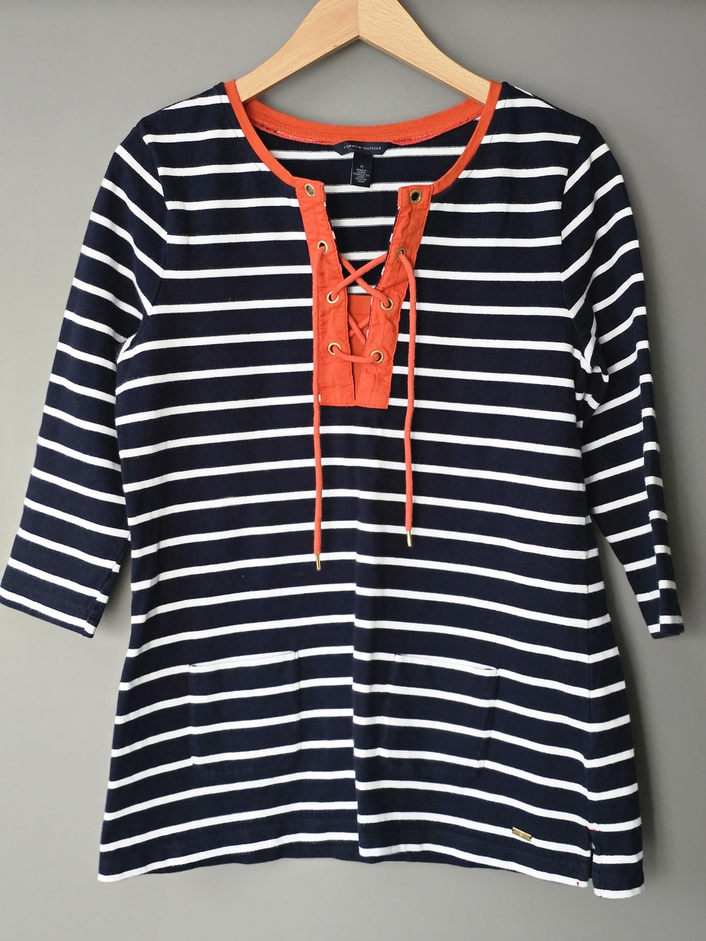 Sz Med Tommy Hilfiger Navy & White Striped Tunic with Orange Lace-up Trim